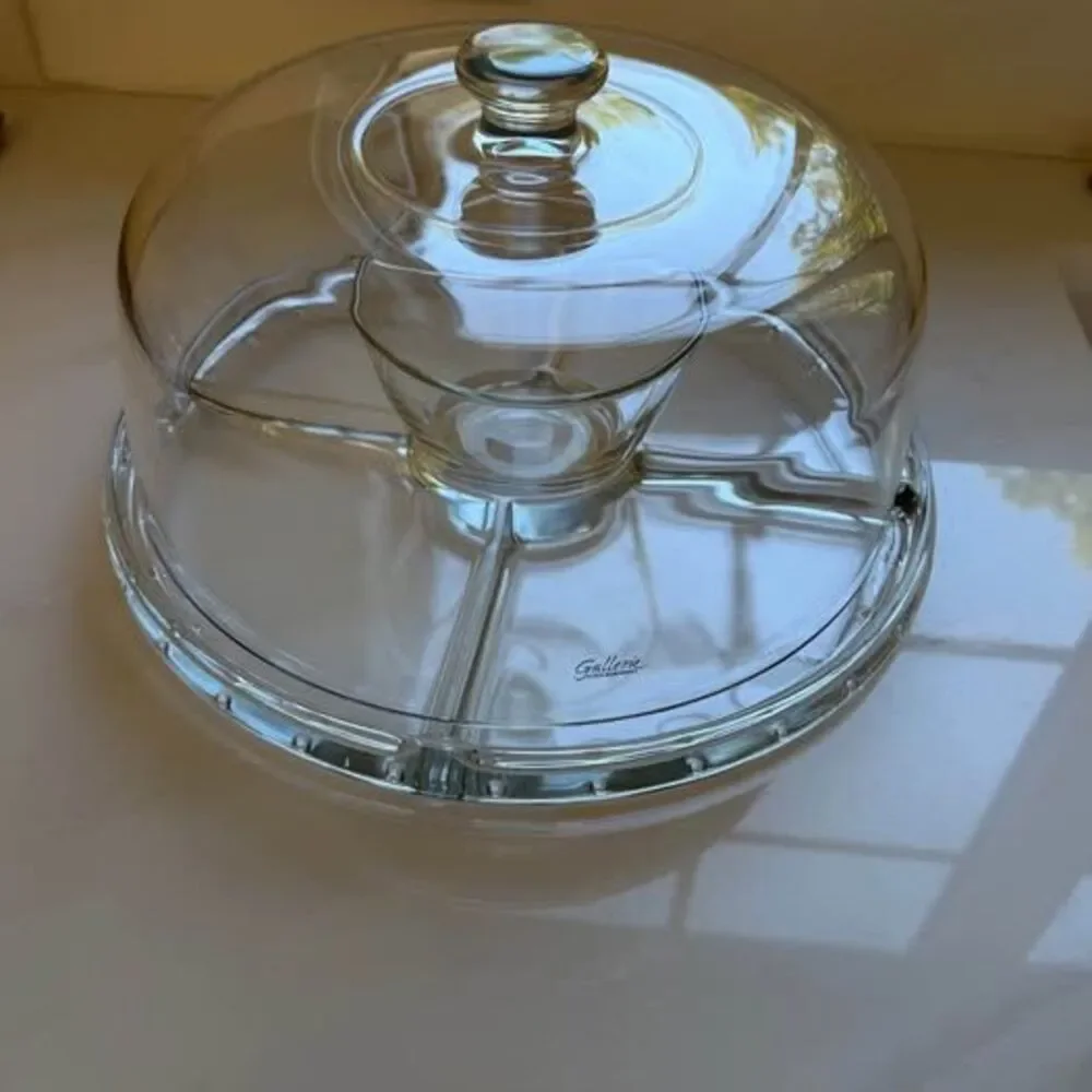 Vintage Luigi Bormioli Gallerie 4 in 1 Glass Cake Stand Lid Chip Dip tray bowl